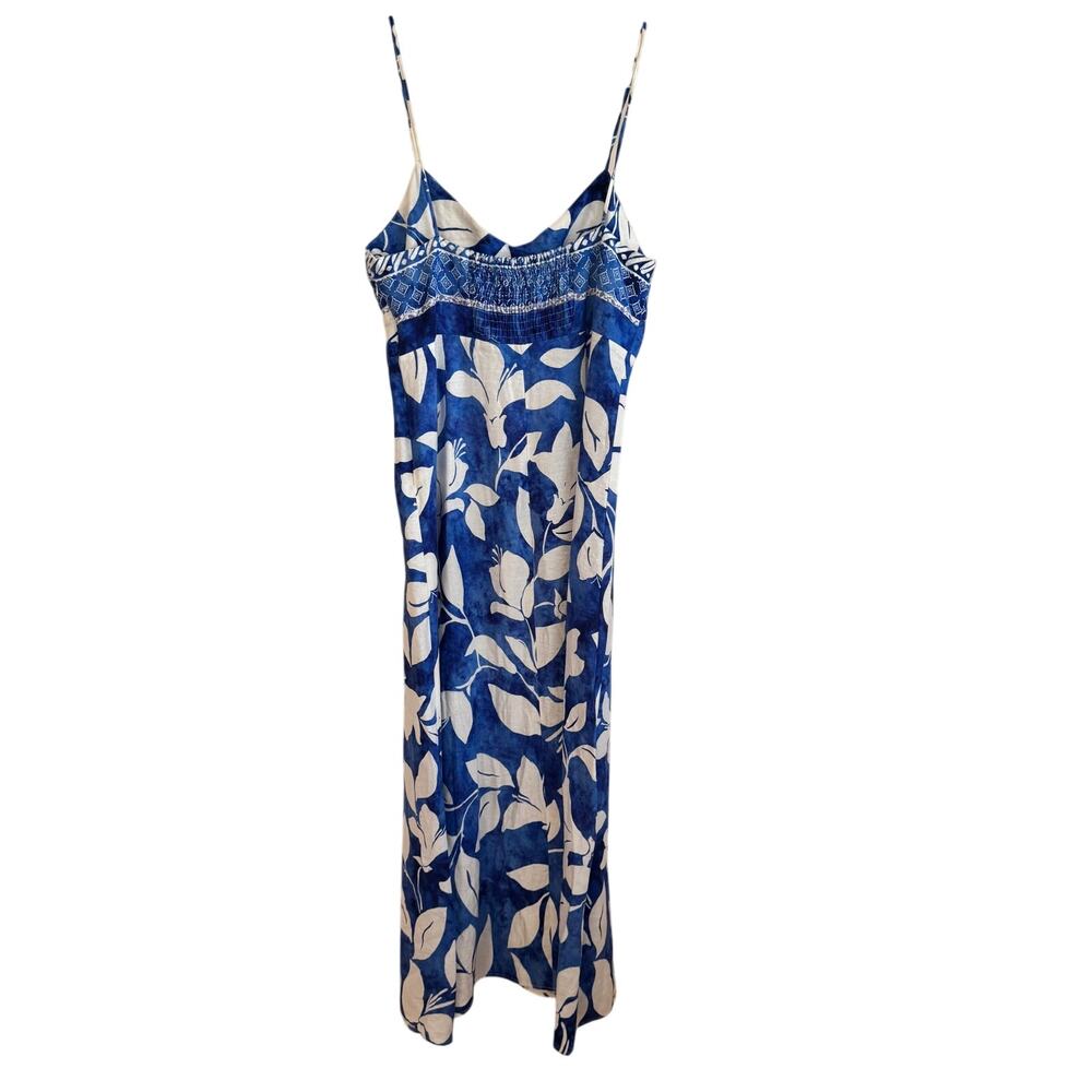 Zara Linen Maxi Dress Blue White Floral Sz L Strap - Picture 5 of 6